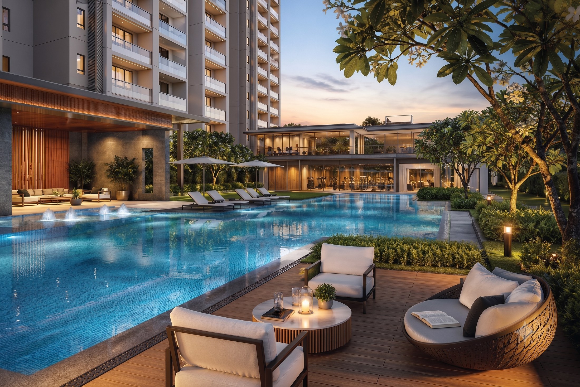Landscaped swimming pool and clubhouse amenity deck