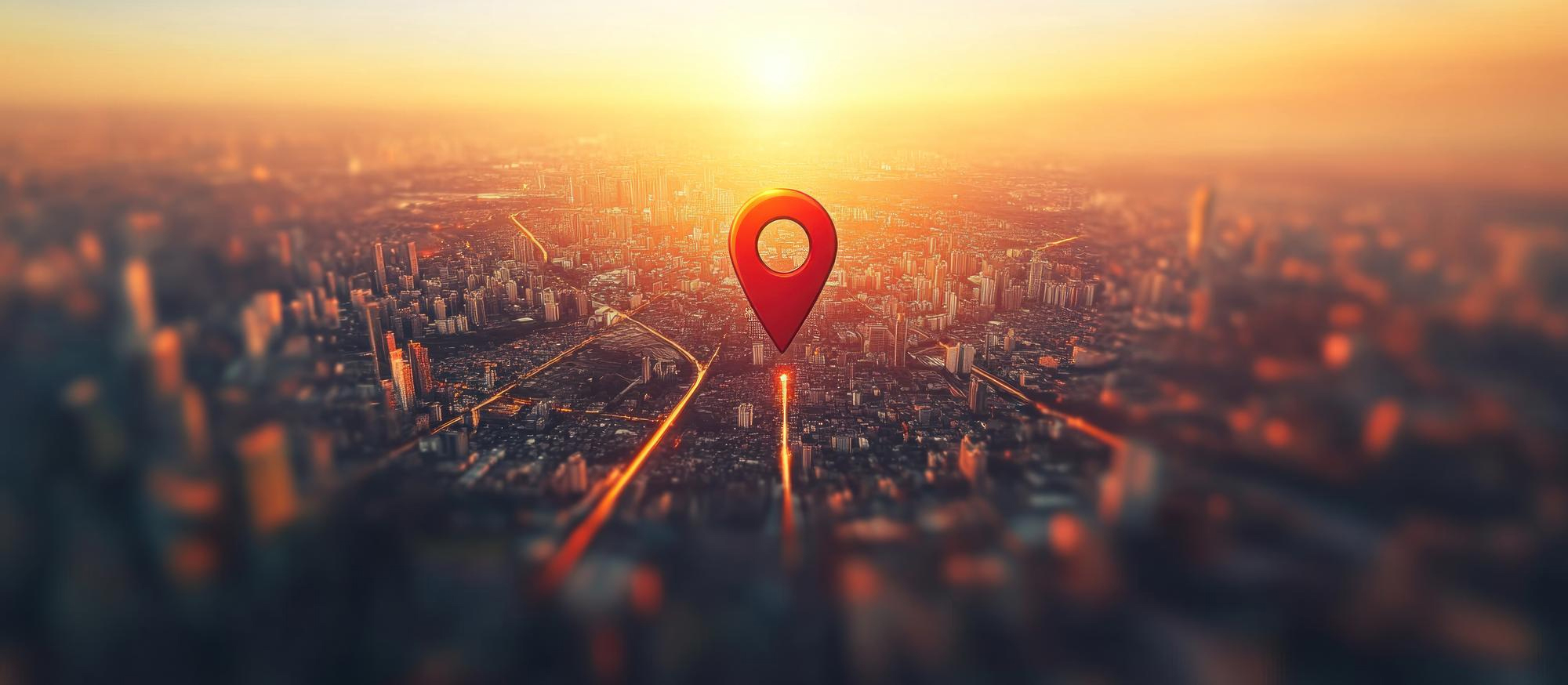 Aerial view of a city with a location pin marking a Global Edifice neighbourhood
